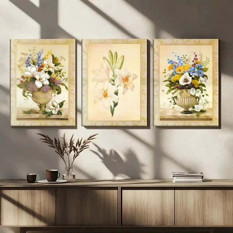 3pcs Beautiful Florals Modern Flower Vase White Wall Art Set Canvas Framed 50x70cm - High Quality Print 100% Australian Made Wall Canvas Ready to Hang