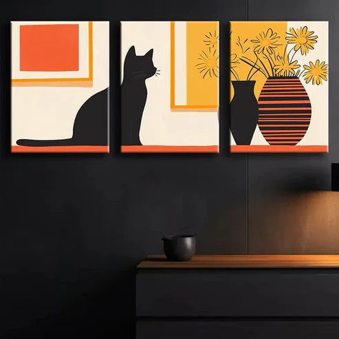 3pcs Colorful Modern Black Cat & Yellow Perfect Wall Art Set Canvas Unframed - High Quality Print 100% Australian Made Wall Canvas