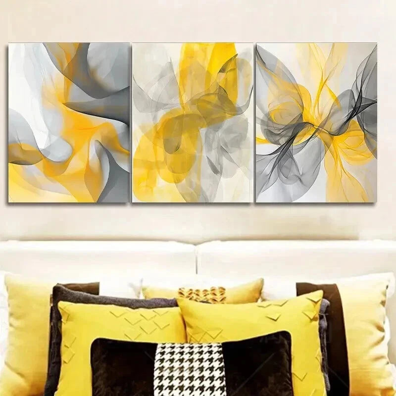 3pcs Abstract Shapes In Yellow And Gray Wall Art Set Canvas Framed 40x60cm - High Quality Print 100% Australian Made Wall Canvas Ready to Hang