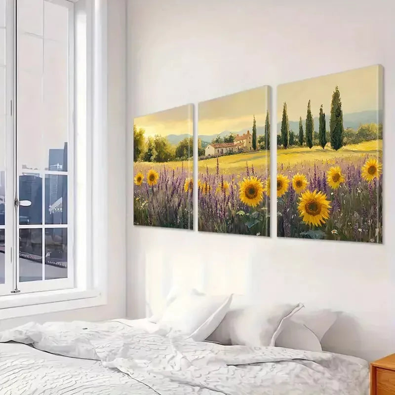 3pcs Purple Lavender Sunflower Farmhouse Rustic Wall Art Set Canvas Framed 50x70cm - High Quality Print 100% Australian Made Wall Canvas Ready to Hang - Bella Home Decor