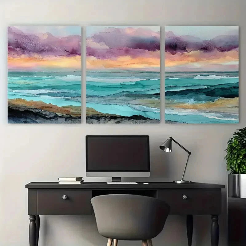 3pcs Beach Sunrise Watercolor Décor Perfect Wall Art Set Canvas Framed 40x60cm - High Quality Print 100% Australian Made Wall Canvas Ready to Hang