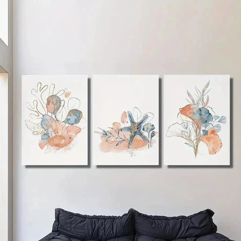 3pcs Abstract Seashell Coral Seaweed Wall Art Canvas Unframed - High Quality Print 100% Australian Made Wall Canvas