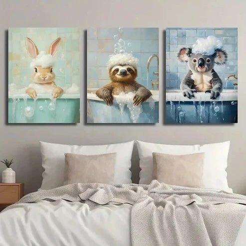 3pcs Cute Bunny Sloth Raccoon in Bathtub Wall Art Set Canvas Unframed - High Quality Print 100% Australian Made Wall Canvas