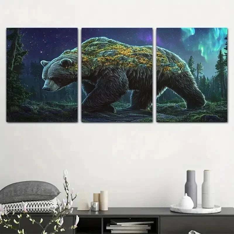 3pcs Moss Bear Under Aurora Borealis Wall Art Set Canvas Framed 40x60cm - High Quality Print 100% Australian Made Wall Canvas Ready to Hang