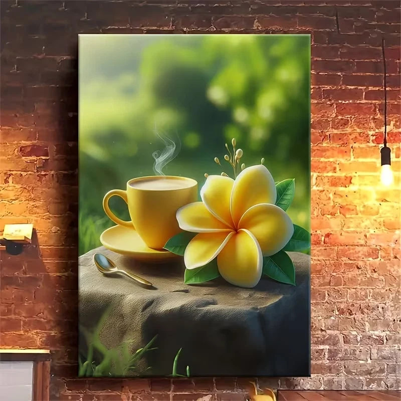 Coffee & Frangipani Serene Tropical Scene Metal Print Ready to Hang