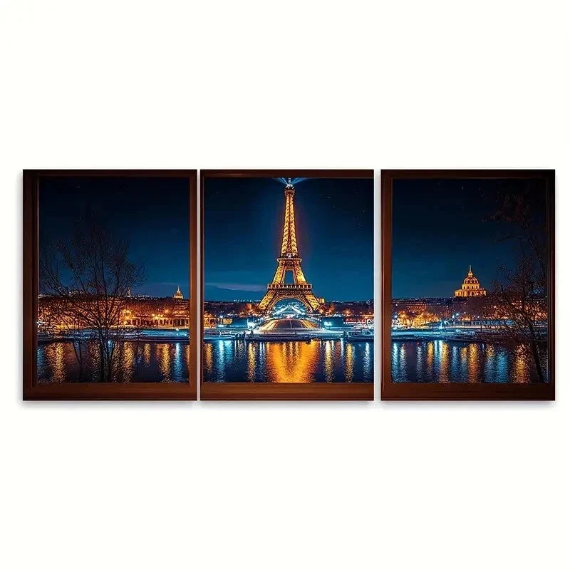 3pcs Eiffel Tower at Night Parisian Cityscape H Wall Art Set Canvas Framed 50x70cm - High Quality Print 100% Australian Made Wall Canvas Ready to Hang