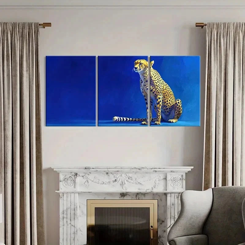 3pcs Leopard Blue Background Animal Theme Wall Art Set Canvas Framed 50x70cm - High Quality Print 100% Australian Made Wall Canvas Ready to Hang