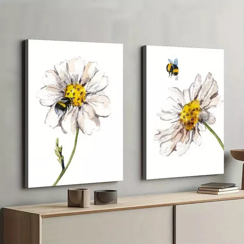 2 Piece Bee and Flower Classic Design Framed 50x75cm - High Quality Print 100% Australian Made Wall Canvas Ready to Hang - Bella Home Decor