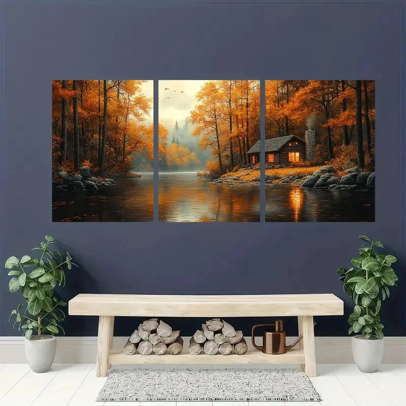 3pcs Cabin In The Woods Lakehouse Decor Wall Art Set Canvas Framed 40x60cm - High Quality Print 100% Australian Made Wall Canvas Ready to Hang
