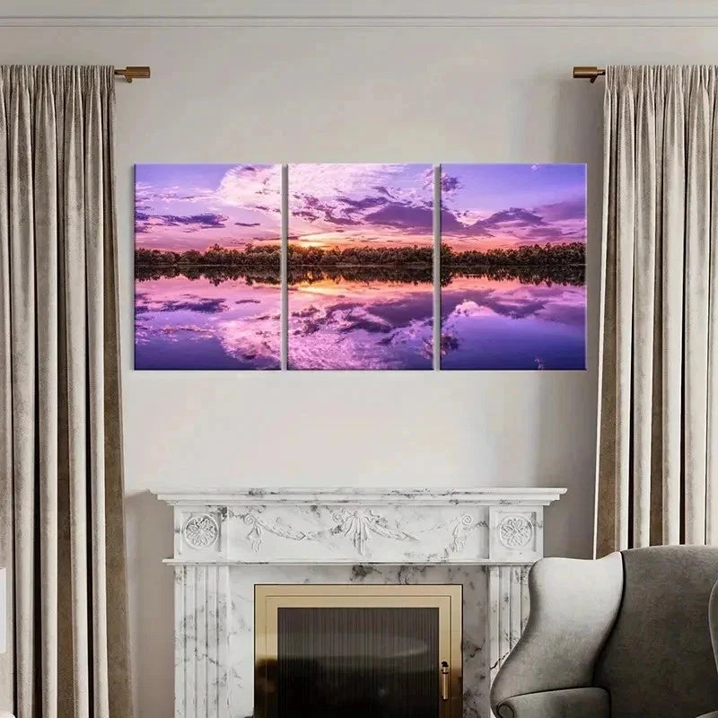 3pcs Purple Sky Lake and Mountain Scenery Wall Art Set Canvas Framed 40x60cm - High Quality Print 100% Australian Made Wall Canvas Ready to Hang