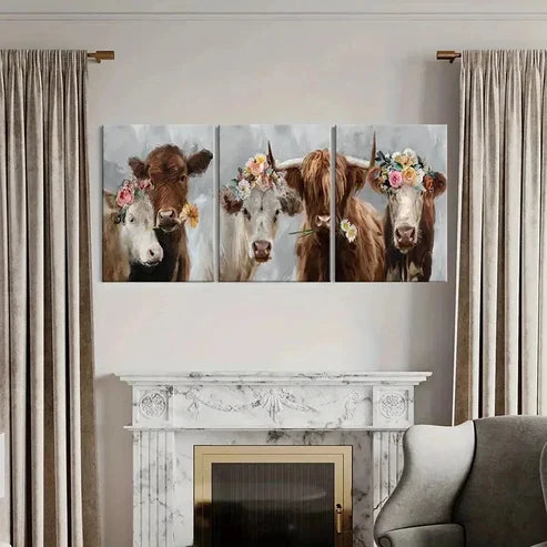3pcs Highland Cattle with Flowers Vintage Wall Art Canvas Unframed - High Quality Print 100% Australian Made Wall Canvas