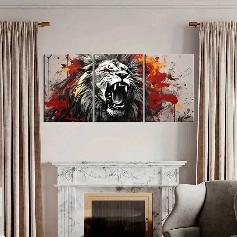 3pcs Abstract Animal Art Roaring Lion Watercolor Wall Art Set Canvas Framed 40x60cm - High Quality Print 100% Australian Made Wall Canvas Ready to Hang