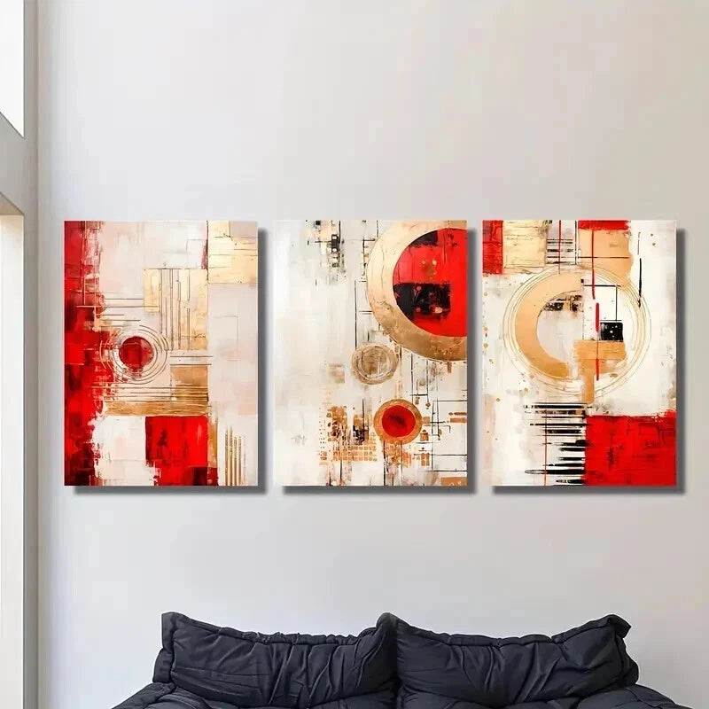3pcs Modern Luxury Red Abstract Geometry Wall Art Set Canvas Framed 40x60cm - High Quality Print 100% Australian Made Wall Canvas Ready to Hang