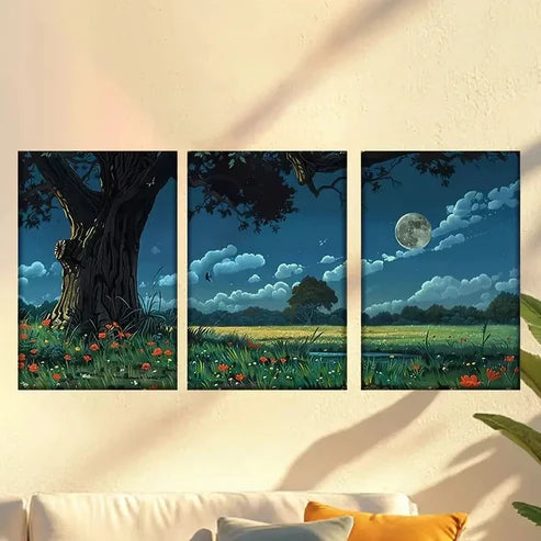3pcs Enchanted Moonlit Flower Meadow Scene Wall Art Canvas Unframed - High Quality Print 100% Australian Made Wall Canvas