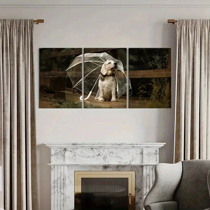 3pcs Puppy Dog Pet Under an Umbrella Wall Art Set Canvas Framed 40x60cm - High Quality Print 100% Australian Made Wall Canvas Ready to Hang