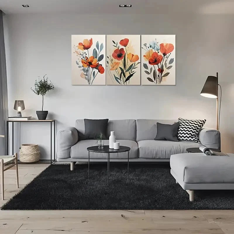 3pcs Orange Red Yellow Flowers with Green Leaves Wall Art Set Canvas Framed 40x60cm - High Quality Print 100% Australian Made Wall Canvas Ready to Hang