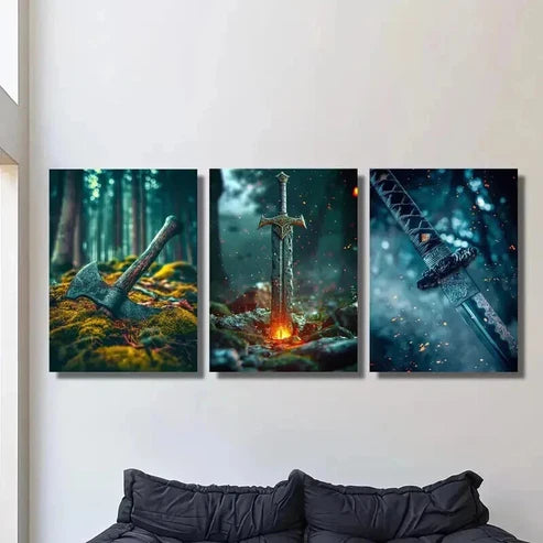 3pcs Viking Axe Glowing Sword Samurai Sword Wall Art Canvas Unframed – High Quality Print 100% Australian Made Wall Canvas