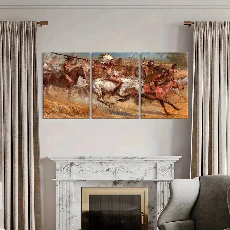 3pcs Native Americans On Horses Red Indians Wall Art Set Canvas Framed 50x70cm - High Quality Print 100% Australian Made Wall Canvas Ready to Hang