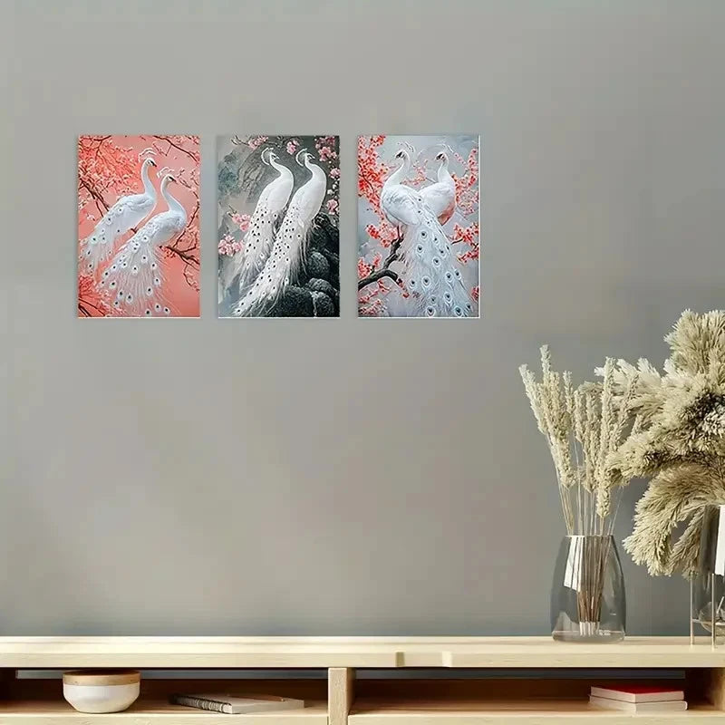 3pcs Elegant White Peacocks and Peach Wall Art Canvas Framed 40x60cm - High Quality Print 100% Australian Made Wall Canvas Ready to Hang