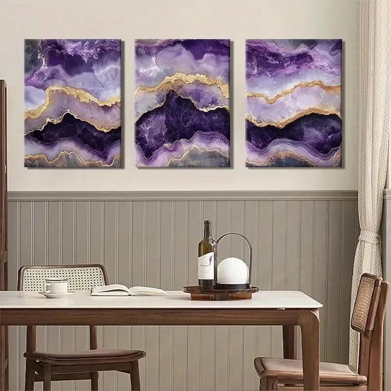 3pcs Elegant Purple Agate Luxurious Perfect Wall Art Set Canvas Framed 50x70cm - High Quality Print 100% Australian Made Wall Canvas Ready to Hang