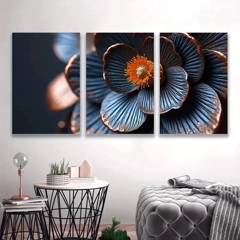 3pcs Metallic Blue Flower With Orange Center Wal1l Art Set Canvas Framed 40x60cm - High Quality Print 100% Australian Made Wall Canvas Ready to Hang