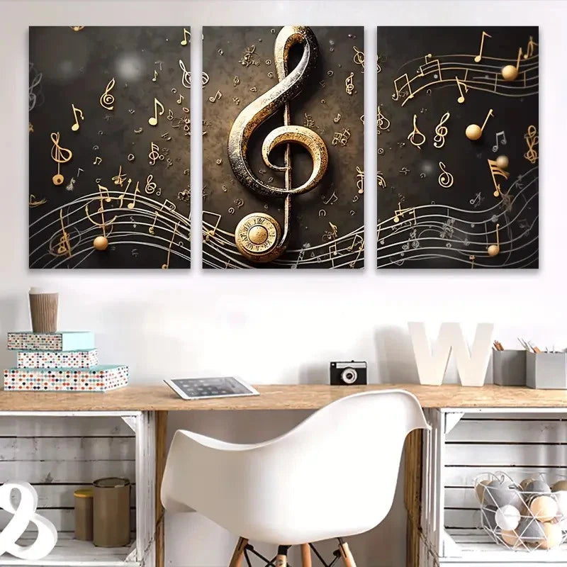 3pcs Surrounded by Treble Clef Music Theme Wall Art Set Canvas Framed 50x70cm - High Quality Print 100% Australian Made Wall Canvas Ready to Hang