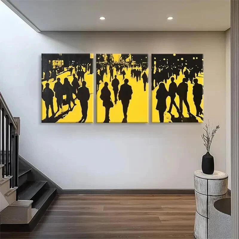 3pcs Yellow Black City Crowd Silhouette Perfect Wall Art Set Canvas Framed 40x60cm - High Quality Print 100% Australian Made Wall Canvas Ready to Hang