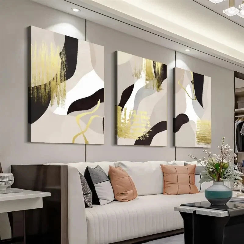3pcs Abstract Black & Golden Décor Perfect Wall Art Set Canvas Framed 40x60cm - High Quality Print 100% Australian Made Wall Canvas Ready to Hang