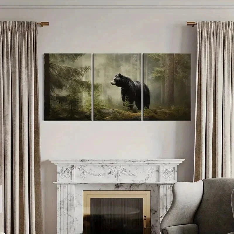 3pcs Majestic Black Bear In Misty Forest Wall Art Set Canvas Framed 40x60cm - High Quality Print 100% Australian Made Wall Canvas Ready to Hang