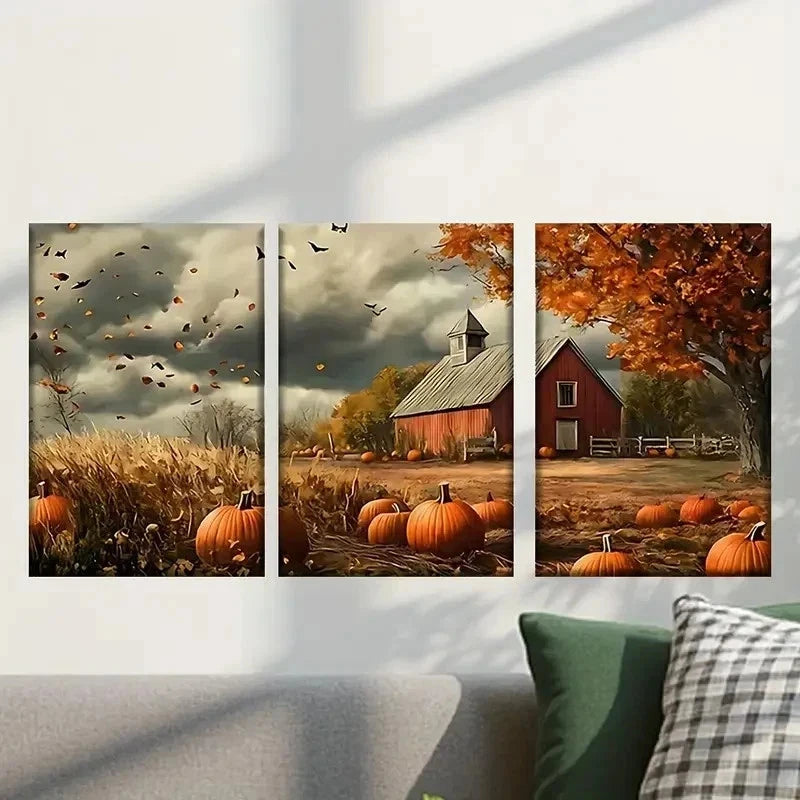 3pcs Farmhouse and a Pumpkin Field Wall Art Set Canvas Framed 40x60cm - High Quality Print 100% Australian Made Wall Canvas Ready to Hang