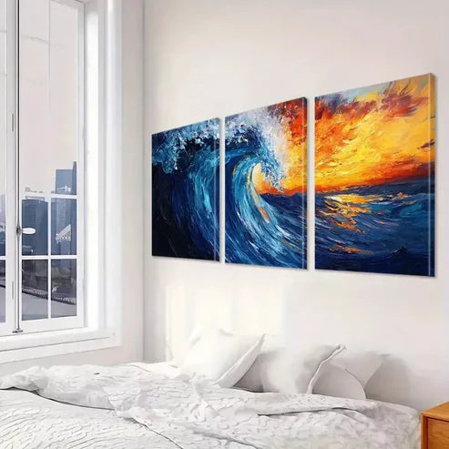 3pcs Blue And Orange Decorative Abstract Ocean Wall Art Set Canvas Framed 60x90cm - High Quality Print 100% Australian Made Wall Canvas Ready to Hang