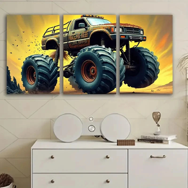 3pcs Monster Trucks Flying By Wall Art Set Canvas Framed 60x90cm - High Quality Print 100% Australian Made Wall Canvas Ready to Hang