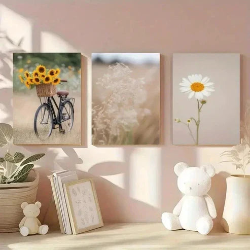 3pcs Bicycle, Wildflowers, Dandelion Wall Art Set Canvas Unframed - High Quality Print 100% Australian Made Wall Canvas