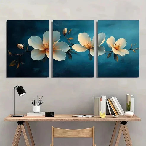 3pcs Blue Background with White Flowers Wall Art Canvas Unframed - High Quality Print 100% Australian Made Wall Canvas