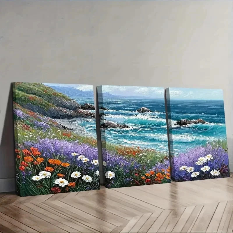 Triptych painting of a coastal scene with flowers on a wooden floor.
