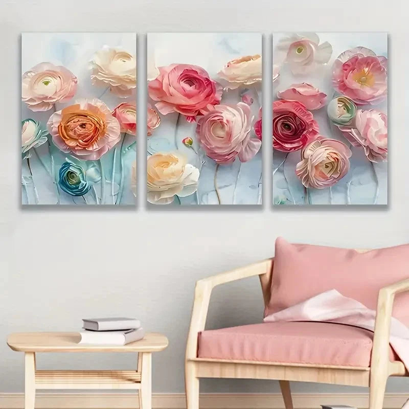 3pcs Pastel Ranunculus Floral Wall Art Set Canvas Framed 50x70cm - High Quality Print 100% Australian Made Wall Canvas Ready to Hang