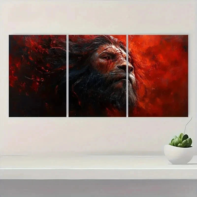 3pcs Lion Vibrant Red & Black Design Wall Art Set Canvas Framed 60x90cm - High Quality Print 100% Australian Made Wall Canvas Ready to Hang