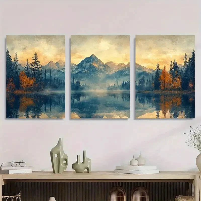 3pcs Abstract Mountain Forest Lake Perfect Wall Art Set Canvas Framed 40x60cm - High Quality Print 100% Australian Made Wall Canvas Ready to Hang