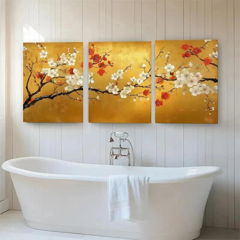 3pcs Golden Plum Blossom Branches Floral Perfect Wall Art Set Canvas Framed 40x60cm - High Quality Print 100% Australian Made Wall Canvas Ready to Hang