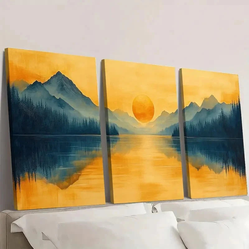 3pcs Serene Mountain Lake Scene Golden Wall Art Set Canvas Framed 40x60cm - High Quality Print 100% Australian Made Wall Canvas Ready to Hang