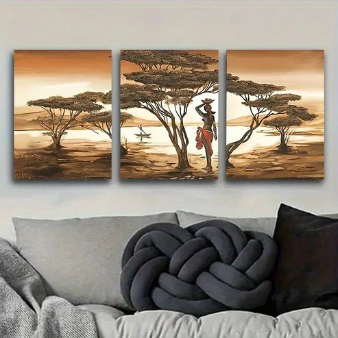 3pcs Serene African Sunset with Acacia Trees Wall Art Set Canvas Unframed - High Quality Print 100% Australian Made Wall Canvas