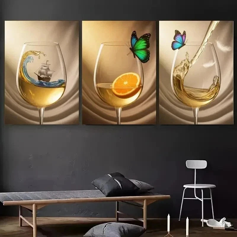 3pcs Glass, Splash, Butterfly, Ship, Orange Wall Art Set Canvas Framed 60x90cm - High Quality Print 100% Australian Made Wall Canvas Ready to Hang