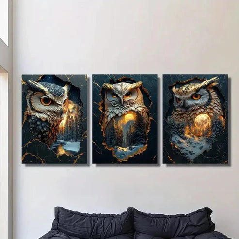 3pcs Mystical Fantasy Owl Guardian Portrait Wall Art Canvas Unframed - High Quality Print 100% Australian Made Wall Canvas