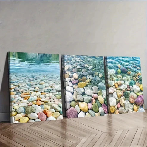 3pcs Colored stones by the river Wall Art Set Canvas Unframed - High Quality Print 100% Australian Made Wall Canvas