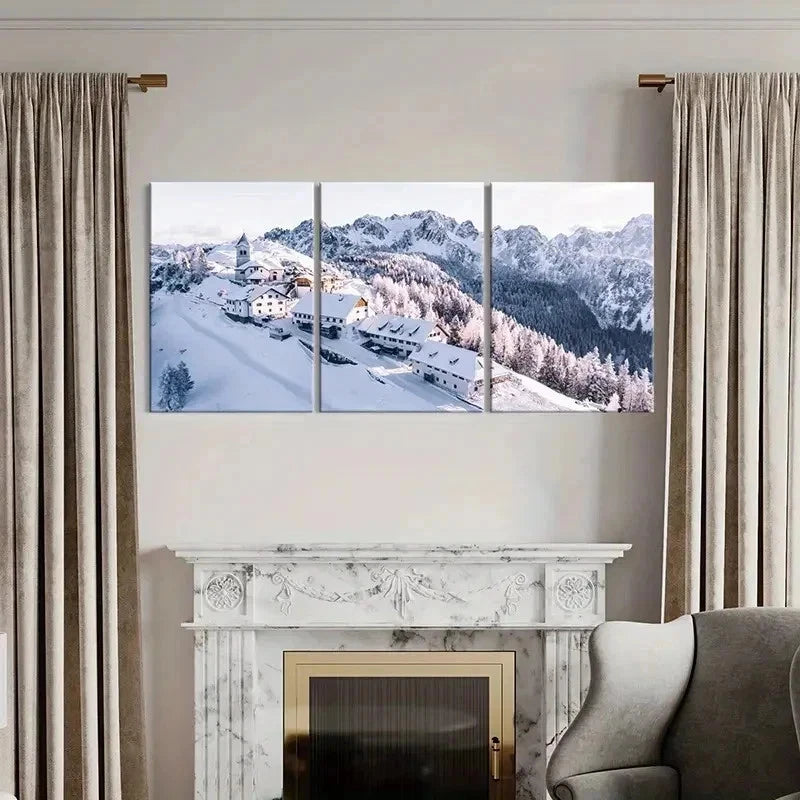 3pcs Snowy Mountain Landscape with Cabin Wall Art Set Canvas Framed 40x60cm - High Quality Print 100% Australian Made Wall Canvas Ready to Hang