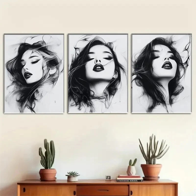 3pcs Monochrome Portrait Flowing Hair Perfect Wall Art Set Canvas Framed 40x60cm - High Quality Print 100% Australian Made Wall Canvas Ready to Hang
