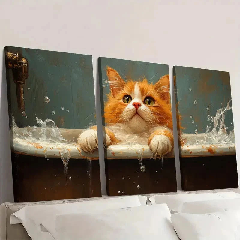 3pcs Funny Orange Kitten in Bathtub Wall Art Set Canvas Framed 50x70cm - High Quality Print 100% Australian Made Wall Canvas Ready to Hang