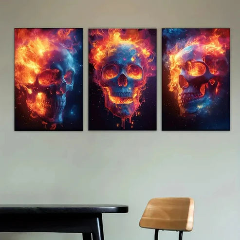 3pcs fire skull wallpapers set Wall Art Set Canvas Unframed - High Quality Print 100% Australian Made Wall Canvas