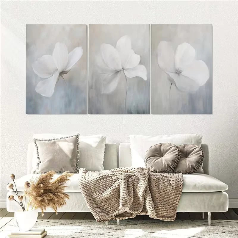 3pcs Elegant White Floral Neutral Botanical Wall Art Set Canvas Framed 60x90cm - High Quality Print 100% Australian Made Wall Canvas Ready to Hang