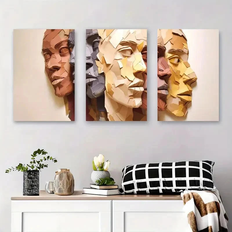 3pcs Abstract Geometric Faces Wall Art Set Canvas Framed 40x60cm - High Quality Print 100% Australian Made Wall Canvas Ready to Hang